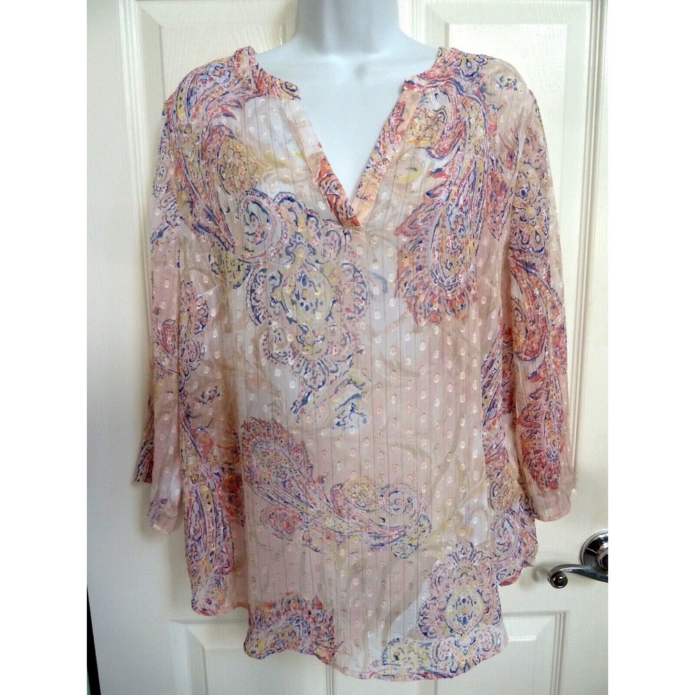 Chico's Riggly Tiger Pink Paisley Sheer Lurex Tunic Blouse Sz 1 Med 8/10 NEW
